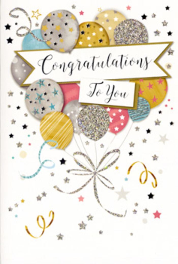 In this image, a refined congratulations card is presented as though ready to be tucked alongside a bouquet for delivery around Gipsy Hill. The artwork centres on a group of floating balloons that mimic the shape and generosity of a floral arrangement. They are clustered together in soft layers, some partially hidden behind others, creating a sense of depth and subtle movement as they appear to drift up through the frame. The colour palette is gentle yet unmistakably celebratory: soft metallic gold and silver, creamy champagne, airy sky blue, tender blush pink, and mellow grey. Each balloon carries its own detailing-delicate stripes, tiny star motifs, or patches of gently sparkling glitter-suggesting a tactile, decorative surface that would catch the light in different ways, much like satin ribbon in a florist's studio. From the lower edge of the cluster, fine gold and silver strings fall in graceful curves, twisting and overlapping like the trailing ends of gift wrap ribbon you might see in a Gipsy Hill home after a party. Surrounding the balloons, faint starbursts, swirling lines, and scattered dots drift across a pale, uncluttered background, echoing the light-hearted chaos of confetti thrown in celebration. Draped across the central balloons is a banner with soft edges, carrying the message Congratulations To You in flowing, slightly ornate script that feels warm and sincere rather than formal. The overall atmosphere is uplifted, calm, and proud-perfect for pairing with blossoms to celebrate exam success, new roles, anniversaries, or personal milestones in and around Gipsy Hill, from quiet side streets to the leafy slopes that look out over London.
