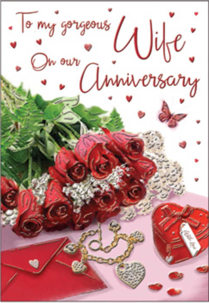 In this evocative anniversary card design, a luxurious bouquet of classic red roses holds centre stage, arranged with a sense of care that recalls a bespoke order prepared at Flowers Gipsy Hill. Each rose is fully opened, densely layered with petals that form rich, velvety cups of colour. The deep crimson tones speak of enduring devotion, while soft green foliage winds between the blooms, enhancing their intensity much like the greenery that softens the slopes around Gipsy Hill. The roses appear to be elegantly wrapped or framed, suggesting a freshly presented bouquet laid upon a polished surface. Around them, an array of delicate details unfolds: fine lace-like patterns and tiny heart motifs are printed or embossed across the card, catching the light in subtle ways that invite a second glance. Nearby, a jewellery set is displayed - perhaps a pair of earrings alongside a pendant - their metallic gleam and smooth stones echoing the thoughtful gifts couples exchange over many anniversaries. A vivid red box, likely holding a special keepsake, adds a pop of colour and structure to the composition. The textures in the scene range from the softness of imagined velvet petals to the gleam of polished metal and the gentle sheen of card stock, creating a tactile sense even without touch. Flowing, scripted text meanders gracefully across the background, accompanied by scattered hearts that reinforce the romantic theme. Soft, diffused lighting wraps every element in warmth, as if the scene were lit by evening lamps in a quiet Gipsy Hill living room, capturing the comfort, gratitude, and affection of an anniversary well spent.