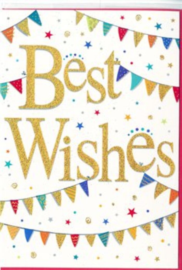 The photograph shows a warm, uplifting Best Wishes card whose design feels as though it belongs at a cheerful gathering along Gipsy Hill's leafy streets. At the centre, the greeting is written in rich, golden script, the kind of sweeping calligraphy that curves and curls with ease. The letters are embossed and slightly glittered, so they rise gently from the smooth surface and catch the light with a soft, luxurious sparkle. Against the clean, white background, this golden message stands out clearly, radiating a sense of optimism and care. Curving gently above and below the lettering are strings of bunting, as if the words are being held within a festive archway. Each string is lined with small triangular flags, every one a burst of colour: deep blues reminiscent of twilight skies, bright reds, grassy greens, lemon and mustard yellows, and delicate pinks. Some pennants are solid blocks of colour; others are filled with playful designs-polka dots, narrow stripes, and intricate, tile-like patterns that suggest a crafty, handmade touch. The bunting seems to sway lightly, evoking memories of decorations strung across back gardens and balconies near Gipsy Road on a breezy summer evening. Scattered across the white space surrounding the bunting are star shapes and tiny confetti dots in complementary colours. They're placed with a pleasing irregularity, some clustered, some spaced apart, giving the impression of confetti drifting gently down through the air after a joyful cheer. Together, the golden script, bright bunting, and floating confetti create a tone that is both elegant and exuberant. It's a card that would suit a graduation, a housewarming near Crystal Palace, or any milestone worth celebrating, carrying a message that feels heartfelt, inclusive, and filled with possibility.