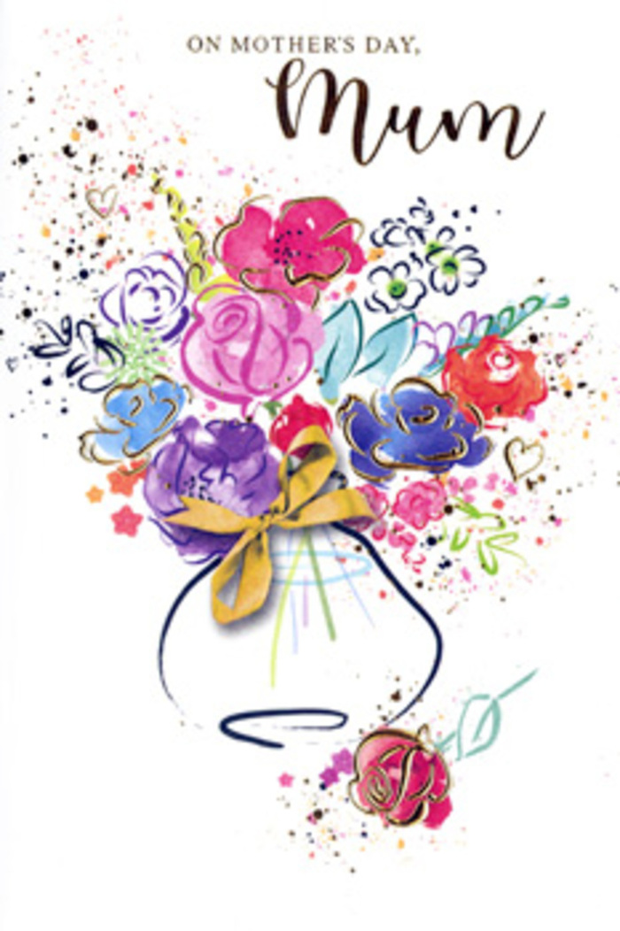 In this Mother's Day card design, the bouquet is portrayed with the free, expressive hand of an artist who has spent time among real flowers and local gardens around Gipsy Hill. The arrangement bursts from a rounded vase at the base of the image, a riot of colour that remains somehow graceful and composed. Bold strokes of hot pink, cerise, and raspberry tones form the heart of the bouquet, while darker indigo marks gently outline and deepen some petals, suggesting shadow and texture as you might see on freshly opened blooms under soft morning light. Interwoven through these bolder shades are dabs of apricot, lavender, pale blue, and chartreuse green, hinting at a variety of blossoms and foliage without rigidly naming each stem. Tiny lines and accents of metallic gold skim over selected petals and leaves, highlighting the curves and edges as if capturing the warm gleam of sunlight over the gardens near Crystal Palace Park. The white background is not empty but alive with flickers of colour, small splatters, and heart motifs that hover around the bouquet like confetti, evoking both celebration and the tenderness of family life. The vase grounding the composition is suggested in translucent washes, its base finished with a neat golden bow that echoes the careful, traditional finishing touches a florist might add moments before a Mother's Day delivery goes out across Gipsy Hill. Though intentionally loose and painterly, the piece radiates gratitude and admiration. It feels like more than just a printed card; it becomes a keepsake bouquet on paper, holding memory, affection, and the enduring warmth of a mother's love.