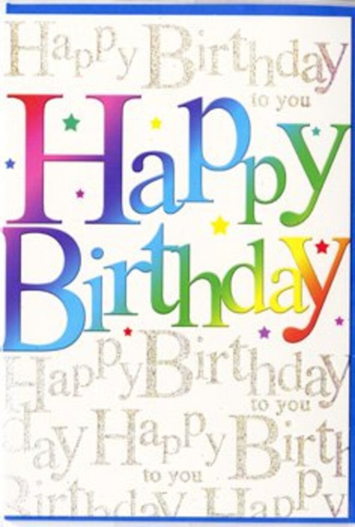 This photograph captures a joyful birthday card posed as if freshly placed next to a vase of flowers in a Gipsy Hill home. The central focus is a bold Happy Birthday message, written in large, open letters that glide through a luminous rainbow gradient. Starting with deep berry reds at one edge, the colours transition through playful fuchsia and amethyst, into marine blue and teal, then on to zesty greens and mellow, honeyed yellows. The effect recalls the shifting hues of bunting fluttering in the breeze along nearby Westow Hill during a summer celebration. Scattered around the main phrase are small starbursts and dots in matching tones, like tiny firework sparks caught mid-air, adding an extra layer of festivity without overwhelming the design. The background is a soft ivory canvas covered with lines of delicate, looping cursive that repeat the phrase Happy Birthday to you in metallic gold with subtle silver undertones. This intricate script has a graceful, handwritten quality, evoking the care of a personally penned message inside a favourite card. It appears slightly reflective, so you can imagine how it might gently shimmer when the card is opened in the soft evening light of a Gipsy Hill living room. The combination of vivid headline text and refined, glistening script creates a sense of both fun and sincerity, like a well-planned birthday get-together that still feels relaxed and warm. The surface looks smooth and lightly glossy, suggesting a pleasant feel in the hand. Overall, the card gives the impression of a thoughtfully chosen greeting, the sort of design a local florist or gift giver might pair with a colourful bouquet for same-day delivery across the Gipsy Hill and Crystal Palace area, ensuring the celebration feels truly special.