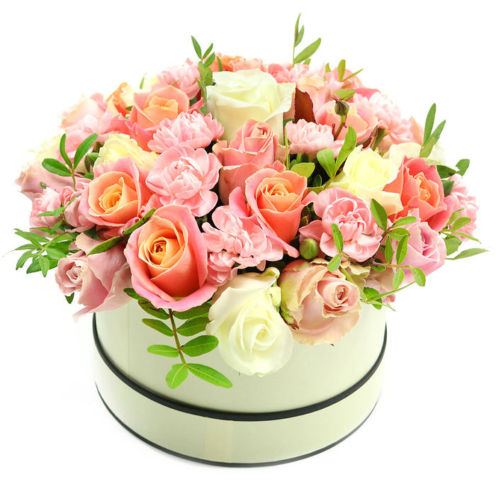 Presented with the quiet confidence of a neighbourhood florist, this round hatbox composition-an elegant cream vessel ringed by two slim dark bands-holds a plush, domed crowd of roses and carnations arranged with precise, sympathetic care. The roses are the stars: some open fully to reveal warm coral-peach and apricot centres that graduate outward into soft blush pink and pristine ivory at their margins, while other buds offer the promise of unfolding. Interspersed among them are abundant light-pink carnations, their ruffled petals creating a delicate, feathery texture that complements the roses' smooth velvety surfaces. Scattered sprigs of narrow, bright green foliage lift the palette, introducing freshness and visual breathing space between the tightly packed blooms. Against a pure white backdrop the subtle nuances of hue and petal structure are made plain, and the matte finish of the hatbox gives a modern, tactile counterpoint to the flowers' sheen. This luxurious yet approachable arrangement reads as a careful expression of affection - appropriate for birthdays, anniversaries, or as a generous thank-you - and reflects the kind of thoughtful design practiced day-to-day in our Gipsy Hill workshop. From the curbside terraces near Crystal Palace Park to the cafés along Gipsy Road and the calm lanes toward West Norwood, this bouquet carries a local sensibility: fresh, refined, and quietly celebratory, made to bring immediate warmth and presence into a home or event.