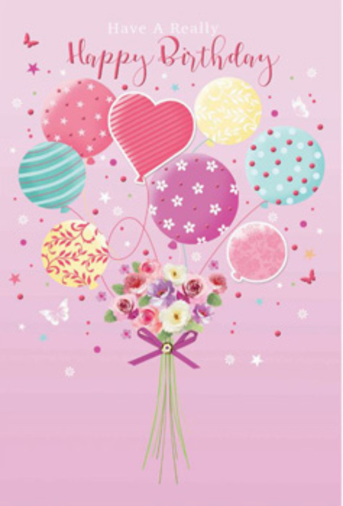 This illustrated birthday card feels as though it has captured a moment of weightless joy above the rooftops of Gipsy Hill. The entire scene is set against a gentle, rosy-pink backdrop, evoking the soft sky at the end of a summer evening. Rising from the lower centre, a gathering of pastel balloons drifts upward, their rounded and heart-shaped forms overlapping like friendly clouds. The colours-blush pink, sea-green, lemon-yellow, lavender, and teal-are light yet vibrant, each balloon decorated with a distinct pattern. Some show curling ribbons of colour, others are scattered with dots, while a few carry delicate floral motifs and swirling lines that give the impression of motion, as if the balloons are slowly turning in a breeze from nearby Crystal Palace Park. Anchoring this airy cluster, a carefully composed bouquet rests at the base of the image. Roses in shades of cream and blush are the stars, their petals soft and layered, opening outward in gentle spirals. Around them, daisy-like blooms and anemone-style flowers in pale mauve and soft fuchsia add variety and texture, their centres dark and defined like tiny eyes. A touch of fresh greenery peeks through, hinting at stems and leaves that keep the bouquet feeling natural and alive, as though it has just been arranged on a flower bench along Gipsy Road. A purple satin bow, tied with precision, gathers the stems and adds a final note of elegance, its sheen catching subtle highlights. Tiny stars and light, fluttering butterflies are scattered across the design, as if drawn to the happy energy of the flowers and balloons. The result is a scene that radiates gentle celebration and affection, turning a simple birthday greeting into something quietly memorable.