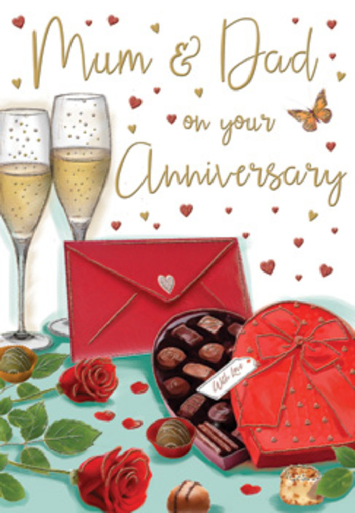 In this beautifully illustrated anniversary card, every element has been placed with the same care and intention you might expect from a Gipsy Hill florist styling a special display for Mum & Dad. At the forefront, a heart-shaped chocolate box in a luxurious shade of red anchors the composition. The box is crowned with an elaborate bow, its broad, satin-like ribbon folded into full loops that cascade gracefully over one side. The lid is drawn slightly ajar, revealing rows of glossy chocolates nestled inside, each piece rendered with delicate highlights that suggest rich fillings and indulgent flavours. Two sumptuous red roses rest alongside, their petals layered thickly and spiralling outward, evoking both freshness and tenderness. Their stems disappear into a cluster of deep green leaves, bringing an organic counterpoint to the structured sweetness of the chocolates. Behind them, a pair of slender champagne flutes stands tall, each glass filled with pale golden champagne. The tiny bubbles are suspended as if caught in a moment of anticipation, ready to rise to the surface when glasses meet in a gentle toast. Above and around this scene, floating hearts in crimson and muted gold drift about softly written wishes addressed to Mum & Dad, turning the composition into a loving tribute. A bright red envelope is positioned nearby, closed and quietly suggestive of a private message written from the heart. The palette of rich reds and warm metallic tones, combined with soft, diffused lighting, gives the card a sense of intimacy and celebration, as though it belongs to an evening gathering in a home overlooking the slopes and leafy corners near Gipsy Hill and Crystal Palace.