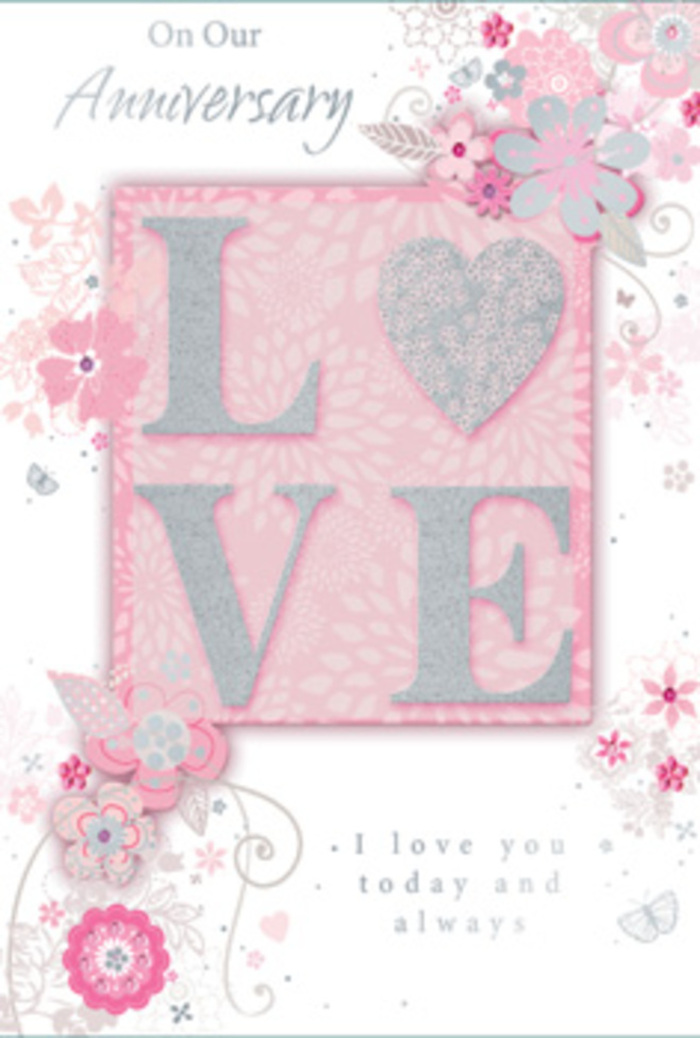 This anniversary card unfolds visually like stepping into a sunlit room where love is cherished in the small, everyday gestures, much like the calm, neighbourly feel along the streets of Gipsy Hill. Dominating the design is the word LOVE, rendered in an elegant typeface and finished with frosted glitter that sparkles delicately whenever it meets the light. The letters are slightly raised, giving a satisfying texture under the fingers, reminiscent of running a hand along a ribbon-wrapped bouquet. Around this central motif, trails of wispy, hand-drawn blooms drift along the card's borders. Their petals, shaded in soft pink, lilac, and creamy ivory, overlap and mingle with ease, suggesting flowers loosely gathered rather than rigidly arranged. Fine, curling flourishes weave in and out of the blooms, forming dainty leaves and gentle scrolls that fill the space without feeling heavy. Here and there, almost hidden at first glance, tiny butterfly shapes or filigree accents flutter between the petals, hinting at the light flutter of emotions on an anniversary morning. The background is a pale, warm pink that gradually softens towards the centre, creating a subtle glow around the word LOVE, as if light were pouring in from a nearby window overlooking the hillside. Set within or just beneath this floral frame, the message I love you today and always appears in understated, graceful lettering, inviting a quiet pause to reflect. The card feels less like simple stationery and more like a hand-tied bouquet translated into paper form, its atmosphere calm, hopeful, and gently celebratory.