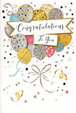 The scene shows an elegant congratulations card whose design feels like a compact, thoughtful party, the sort that might unfold in a cosy Gipsy Hill flat after good news. At the heart of the card floats a cluster of balloons, arranged like a light, airy bouquet. They appear perfectly rounded and softly luminous, overlapping just enough to create a gentle sense of depth. Their colours are soothing yet festive: brushed gold and silver, champagne, soft blue, blush pink, and subtle grey. Some balloons shimmer with fine glitter, while others are detailed with slim stripes or tiny stars, adding visual texture and a hint of sparkle under an imagined warm light. From the base of the cluster, slender metallic strings in gold and silver fall gracefully, curling as if they have just been tied by careful hands. Scattered around the balloons, little star shapes, looping lines, and confetti-like dots drift across a creamy, neutral background, echoing the carefree energy of celebrations near Gipsy Hill's local cafés and tree-lined streets. A smooth, ribbon-like banner sweeps across the middle of the design, carrying the words Congratulations To You in beautifully flowing calligraphy that feels personal, as though written just for the recipient. The card's overall mood is one of gentle joy and heartfelt pride, making it an ideal partner to fresh flowers arranged by Flowers Gipsy Hill for exam results, promotions, new homes, or any moment when someone in the area deserves to feel truly celebrated.