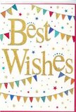 This Best Wishes card shines with the easy, upbeat charm you might associate with a sunny afternoon gathering around Gipsy Hill. In the centre, the message is written in beautiful, flowing gold script, with each letter slightly raised and subtly glittered. The metallic gold picks up the light and glows warmly against a pristine white background, giving the words a sense of importance and care while keeping the overall design fresh and modern. Draped across the top and bottom of the card are strands of colourful bunting that frame the greeting like gentle smiles. The bunting is made up of tiny triangles, evenly spaced along slender lines, each one painted in a vivid shade-royal blue, bright red, leafy and lime greens, mellow yellows, aqua, and soft pink. Many of these flags carry charming patterns: bouncy polka dots, clean stripes, or delicate geometric shards, adding a handcrafted, almost festival-like feel, as though they've been cut and decorated for a party in a nearby Gipsy Hill garden. The arcs of bunting curve softly, suggesting a subtle movement, like decorations swaying in a light breeze flowing up from the Crystal Palace Triangle. Floating throughout the white space are little stars and circular confetti dots, scattered in the same joyful palette. Their random positioning makes them look as if they've just been tossed into the air in celebration, frozen mid-fall. The whole composition feels light, cheerful, and inviting-festive without being fussy. It's easy to imagine this card nestled among fresh blooms, sent to mark a promotion, an anniversary, or a brand-new chapter. Visually, it conveys encouragement, shared happiness, and the promise of good things ahead, all through simple shapes and a touch of golden sparkle.