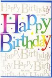 In the image, a colourful birthday card stands upright, capturing the playful, creative spirit often felt around Gipsy Hill and the nearby Crystal Palace Triangle. The words Happy Birthday dominate the front in wide, rounded letters that shift seamlessly through a spectrum of colour, from deep ruby red to vibrant pink, velvety purple, cool sapphire, bright turquoise, crisp green, and finally into warm golden yellow and soft tangerine. This gradient feels cheerful and dynamic, like watching a row of balloons bobbing above a garden fence on Central Hill. Around the main message, tiny multicoloured stars and confetti dots are scattered in a loose, dancing pattern, adding sparkle and the suggestion of motion, as if a handful of party confetti has just landed on the card. The background itself is a warm off-white, densely scripted with repeated lines of elegant cursive that read Happy Birthday to you in fine metallic gold and the faintest hint of silver. The handwriting style is flowing and personal, akin to the inscription you might treasure from a close friend. The metallic ink appears to have a subtle sheen, catching the light gently rather than shouting for attention. Together, the confident rainbow letters and the delicate, shimmering script create a feeling of layered celebration: bold joy in the foreground, soft sentiment humming in the background. The print finish suggests a smooth, high-quality card stock, with the central letters perhaps slightly raised to the touch. It looks like the perfect companion to a bright, hand-tied bouquet delivered by Flowers Gipsy Hill, ready to be opened at a kitchen table overlooking the slopes and city views that make this London corner feel so distinctive.