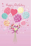 This pastel birthday scene looks like a whimsical celebration rising gently over Gipsy Hill, filled with soft colour and playful details. A warm pink background creates a cosy, welcoming feel, against which a collection of balloons seems to float effortlessly. Round and heart-shaped balloons gather together, each painted in light shades of blush, lemon, mint, teal, and lavender. Some are wrapped in curling candy stripes, others are sprinkled with cheerful polka dots, and a few show delicate swirls and floral patterns, suggesting light movement as if swaying in a breeze from Crystal Palace. At the centre, a heart-shaped balloon in deeper pink stands out, quietly suggesting affection and heartfelt birthday wishes. Below this cluster, a hand-tied bouquet forms the base of the composition. Roses in creamy ivory and blush pink open gently, surrounded by anemone-like and daisy-style flowers in soft mauve and lilac. The petals are shaded with care, giving them a velvety, almost touchable look, while hints of leafy green foliage peek through to keep the arrangement grounded and fresh. The stems are gathered in a neat bundle and finished with a rich violet satin bow, tied in looping curves that catch the imaginary light, much like a florist at Flowers Gipsy Hill might tie off a special birthday order for local delivery. Tiny, scattered stars and whimsical butterflies float around the balloons and flowers, adding a subtle magical shimmer. The overall impression is airy, sweet, and quietly joyful-a birthday greeting that feels personal, gentle, and full of tender celebration.