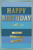 This calming birthday card, imagined as part of a birthday surprise in a Gipsy Hill home, rests on a surface as though it has just been set down beside a vase of newly delivered flowers. Its design is built from generous horizontal bands of blue that flow from a deep navy foundation at the base through lush teal and ocean hues, gradually lightening to an uplifting, soft sky blue at the top. The layered colours create a sense of serenity and depth, akin to watching a peaceful sky stretch above the hills and rooftops near Crystal Palace. In the centre of this tranquil backdrop, the words HAPPY BIRTHDAY are embossed in large, confidently spaced gold capital letters. Their metallic finish catches light in a gentle shimmer, adding a festive gleam without overwhelming the soothing blues. Directly beneath the main message, a delicate golden flourish unfurls in a graceful curve, adding an old-fashioned touch of elegance and separating the bold greeting from the words below. Three slim golden banners line up neatly beneath the flourish, each carrying part of the friendly reminder, Relax, have a great day and enjoy! Together, they feel like the voice of someone who truly wants the recipient to take time for themselves. A fine gold border outlines the card, framing the composition and giving it a well-finished, structured appearance. The surface of the card looks smooth and softly matte, with the golden areas raised enough to offer a tactile contrast. Placed alongside a bouquet in a Gipsy Hill living room, this blue and gold card would embody quiet celebration and genuine, unhurried birthday warmth.