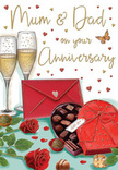 This anniversary card illustration feels like a captured moment of quiet celebration, the kind that might unfold in a Gipsy Hill living room as the sun dips behind the ridge and lights come on along nearby streets. The scene is centred around a heart-shaped box of chocolates in a deep, romantic red, tied with a sumptuous bow that sits proudly on the lid. Each satin-soft fold of ribbon is carefully drawn, making the bow appear lush and inviting. The lid is gently lifted to reveal an orderly selection of chocolates, their rounded tops catching the light with a tempting sheen. Beside the box, two fully opened red roses lie gracefully on the tabletop, their velvety petals layered in intricate swirls, supported by glossy green leaves that frame the blooms with natural elegance, much like a freshly prepared anniversary bouquet. Rising behind them are two elegant champagne flutes, filled almost to the brim with golden fizz. The fine bubbles are suspended mid-ascent inside the clear glass, suggesting the moment before a loving toast is shared. Around the central arrangement, small hearts in crimson and antique gold float through the background, encircling soft, handwritten wishes for Mum & Dad and imbuing the card with warmth and affection. A vivid scarlet envelope completes the composition, its sealed flap promising a heartfelt message inside. The overall effect of the warm reds, gold accents, and gentle shading is one of intimacy and enduring love, evoking an anniversary evening filled with shared stories, laughter, and the comforting atmosphere of family homes tucked along the streets surrounding Gipsy Hill.